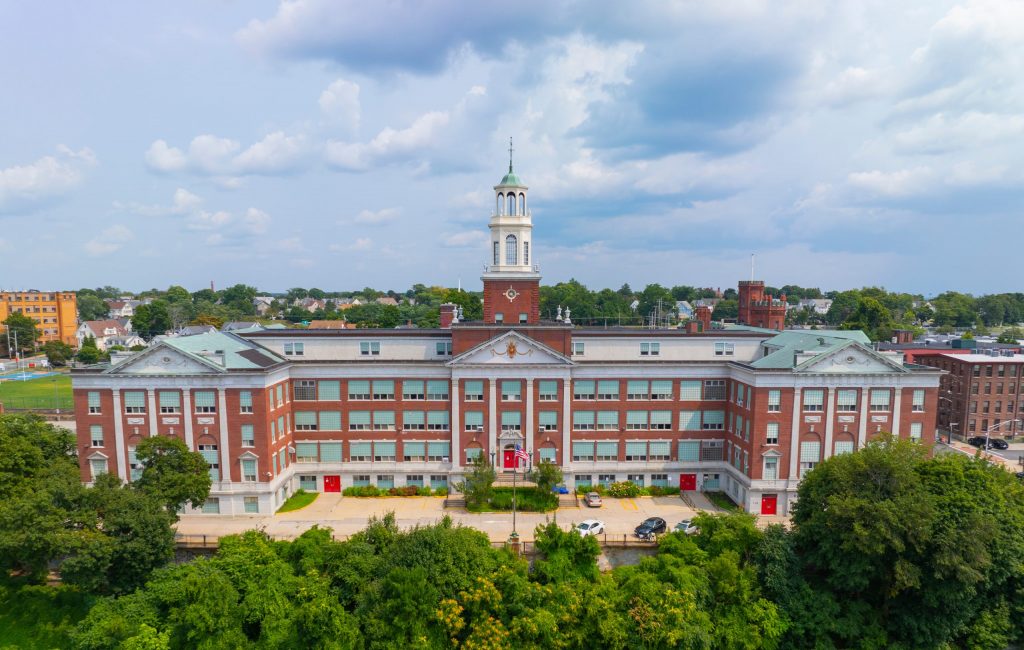 William E Tolman High School aerial view in downtown Pawtucket, Rhode Island RI, USA.